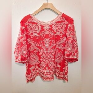 🌷Solitaire balloon sleeve embroidered white orange floral Blouse Top scalloped